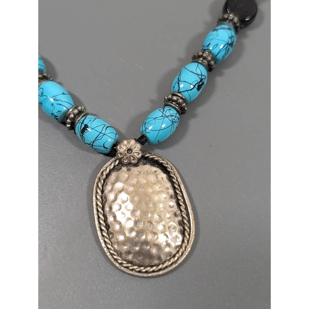 Boho Tribal Blue Faux Turquoise Black Glass Bead‎ Hammered Necklace 21 in